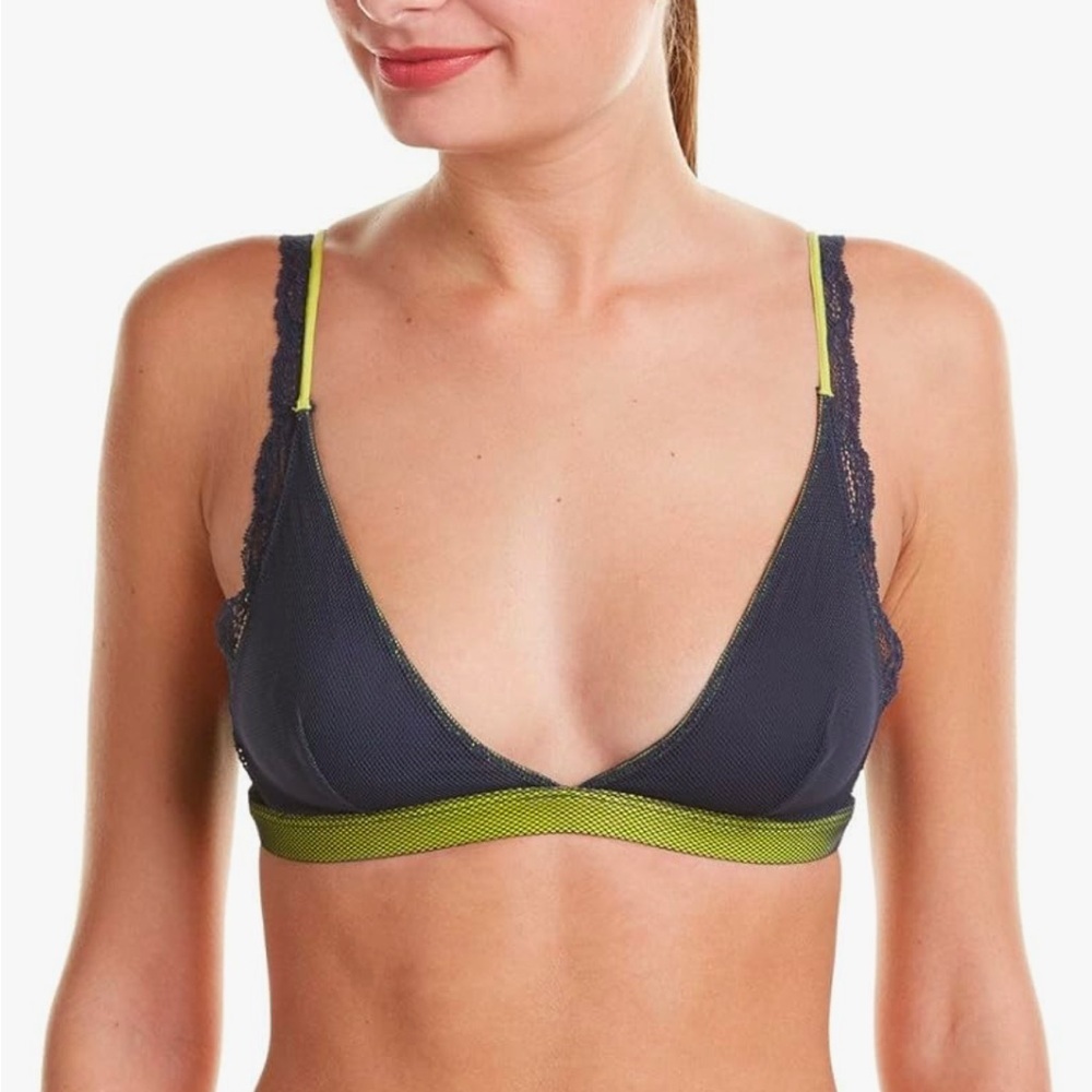 Intimately Free People Navy Blue Neon Lime See Through You Lace Plunge Bralette - Picture 1 of 7